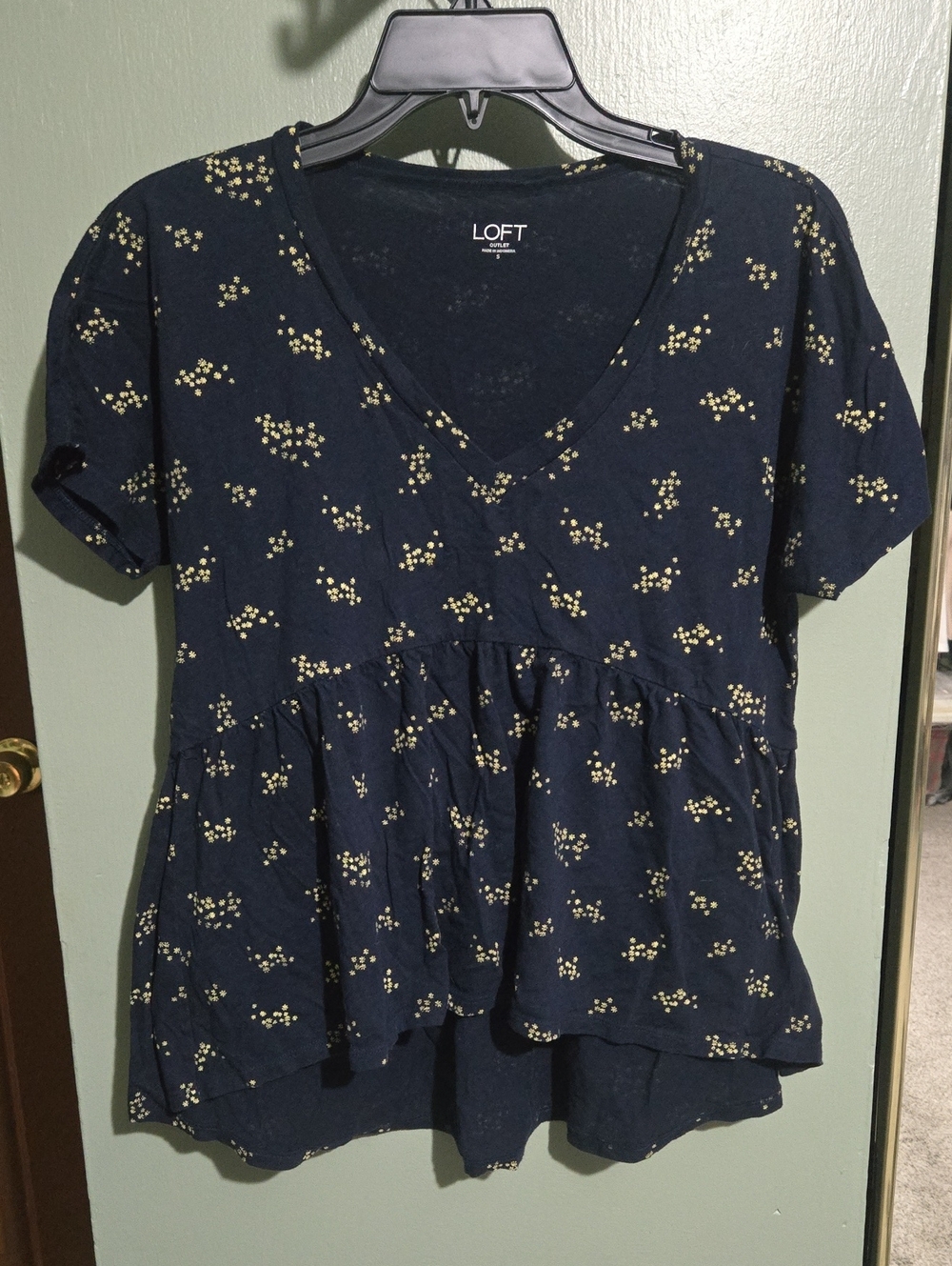 LOFT Navy V-Neck Peplum Top with Gold Floral Dots